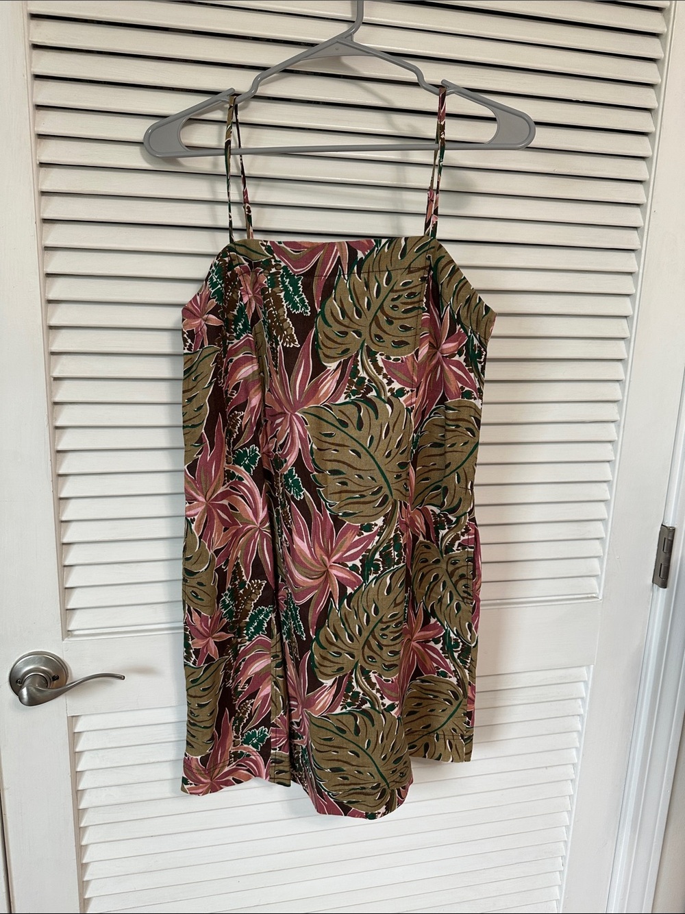 Madewell Tropical Leaf Spaghetti-Strap Mini Dress in Olive & Dusty Rose
